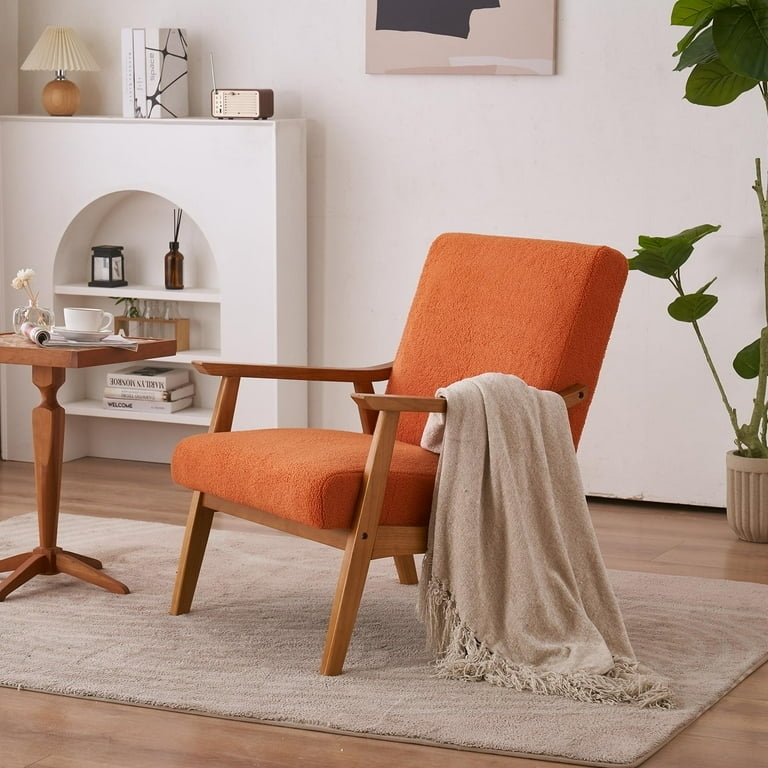 Accent Chair Orange Retro Style Textured Upholstery Wood Legs