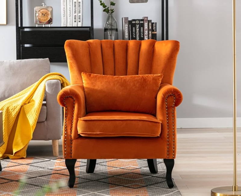 Accent Chair Orange Wingback Channel Tufted Nailhead Trim Glam