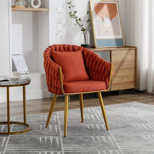 Accent Chair Orange Woven Backrest Black Metal Legs Contemporary