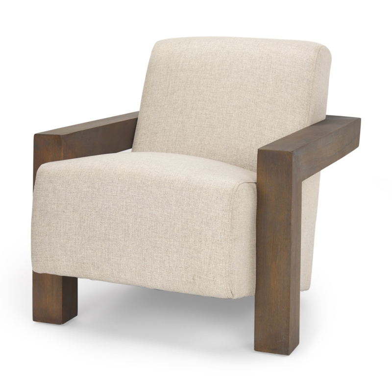 Accent Chair Organic Wood Frame Oatmeal Woven Texture Mid-Century Modern