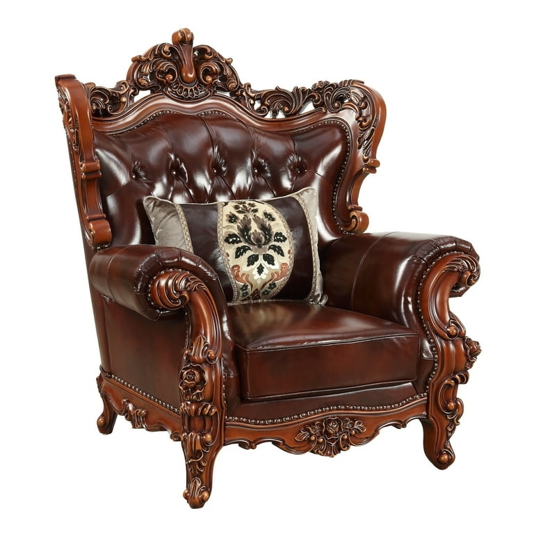 Accent Chair Ornate Wingback Dark Brown Leather Like Baroque Style