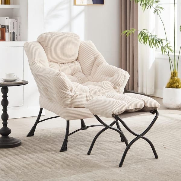 Accent Chair & Ottoman, White Sculptural Curved Back & Side Storage Pocket