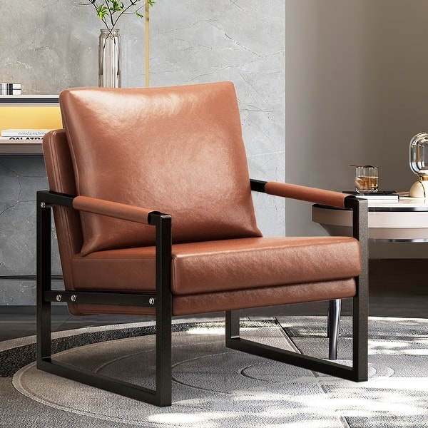 Accent Chair Padded Armrests Sled Base Channel Tufting Cognac