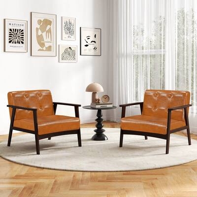 Accent Chair Padded Wood Armrests Button Tufted Tapered Legs Retro