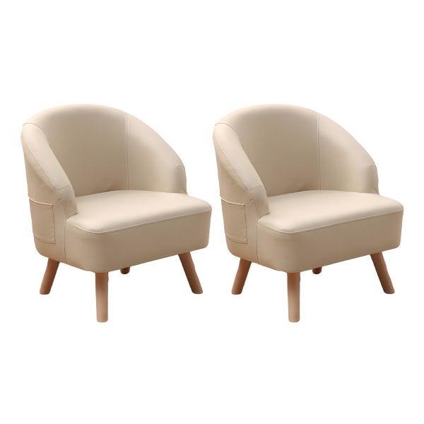 Accent Chair Pair Beige Fabric Wood Frame Curved Back Mid Century Modern