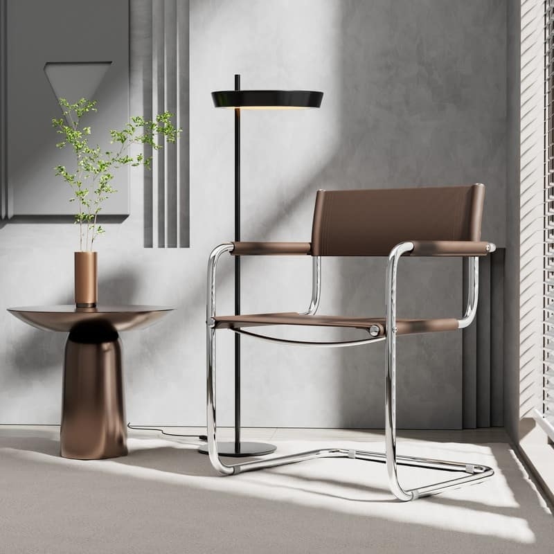 Accent Chair Pair Cognac Leather-Like Polished Tubular Frame