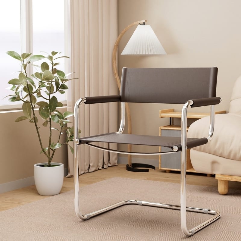 Accent Chair Pair Cognac Leather-Like Sling Seat Polished Metal