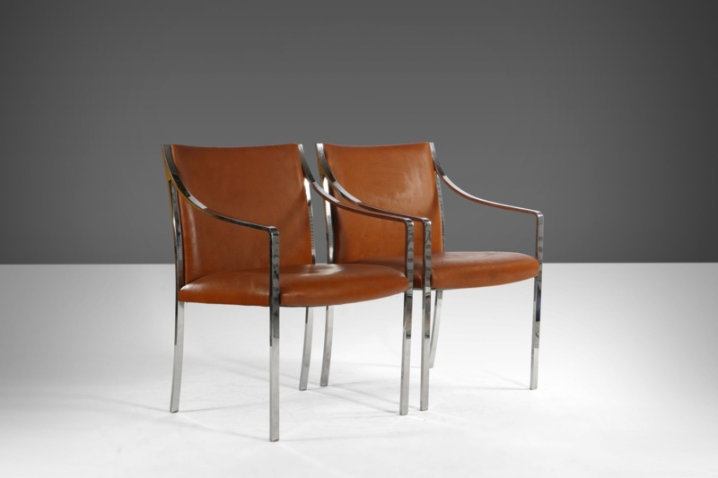 Accent Chair Pair Dark Brown Leather-Like Square Back Polished Metal