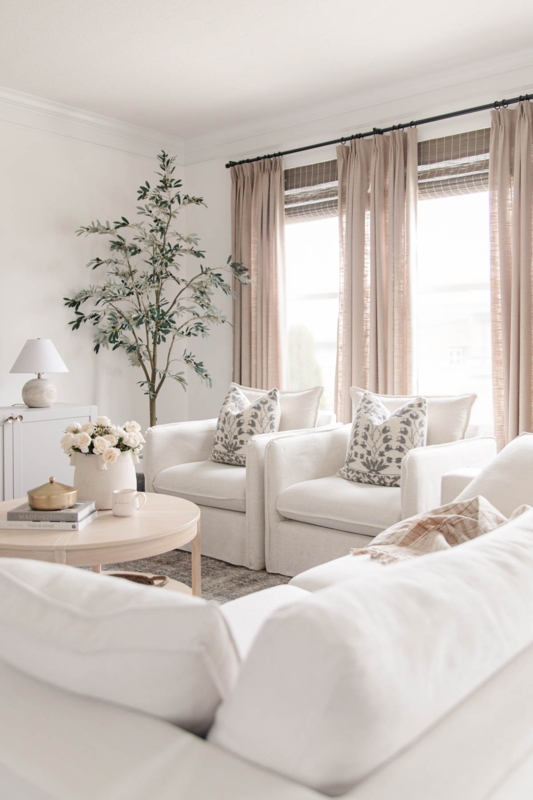 Accent Chair Pair in Cream Linen Texture with Sloped Arms