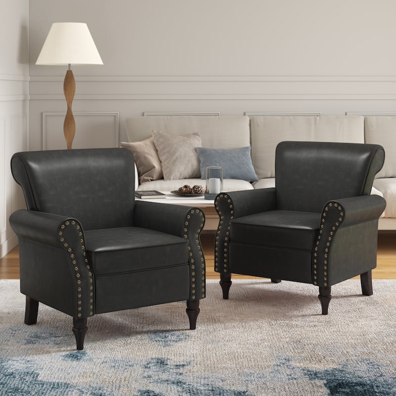 Accent Chair Pair Navy Blue Button Tufted Rolled Arms Transitional