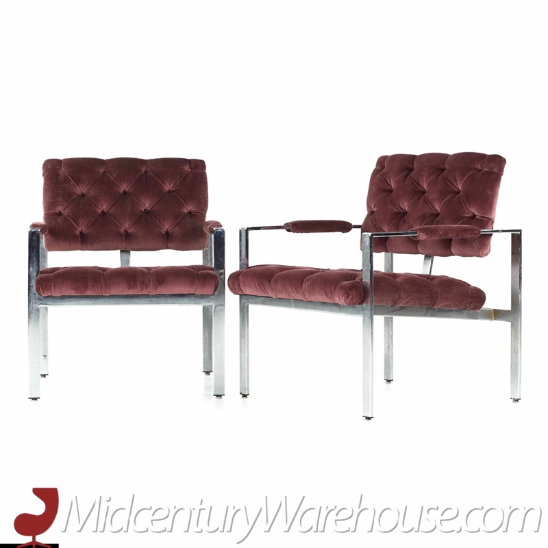 Accent Chair Pair Olive Green Fabric Tufted Square Polished Metal Frame