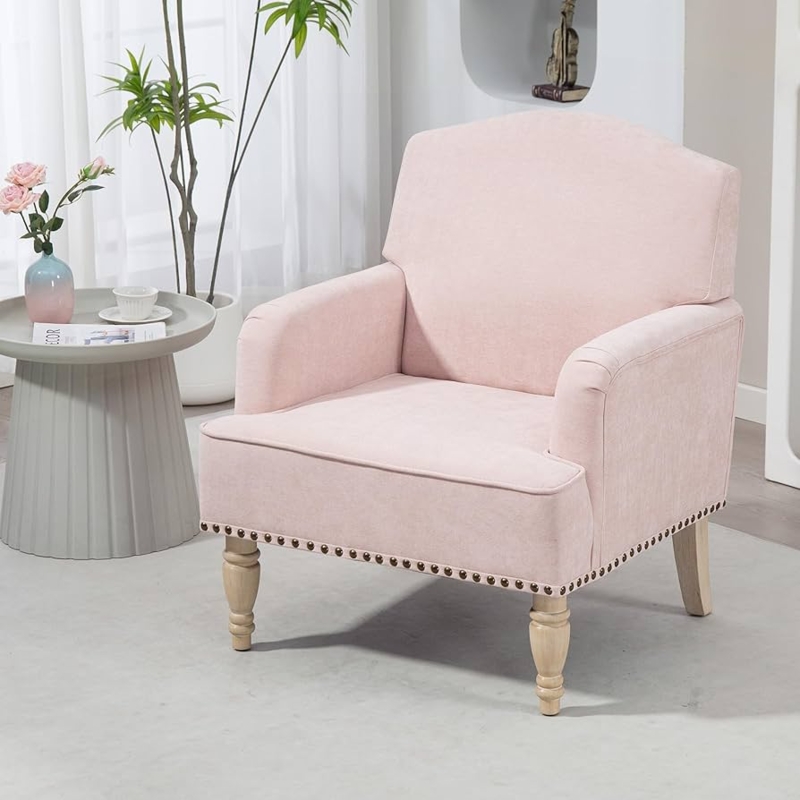 Accent Chair Pink Button Tufted Nailhead Trim Exposed Wood Frame