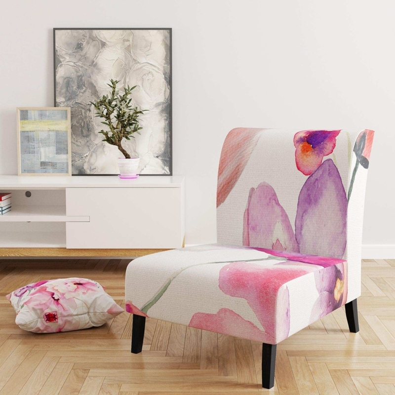 Accent Chair Pink Oversized Floral Armless with Dark Wood Legs