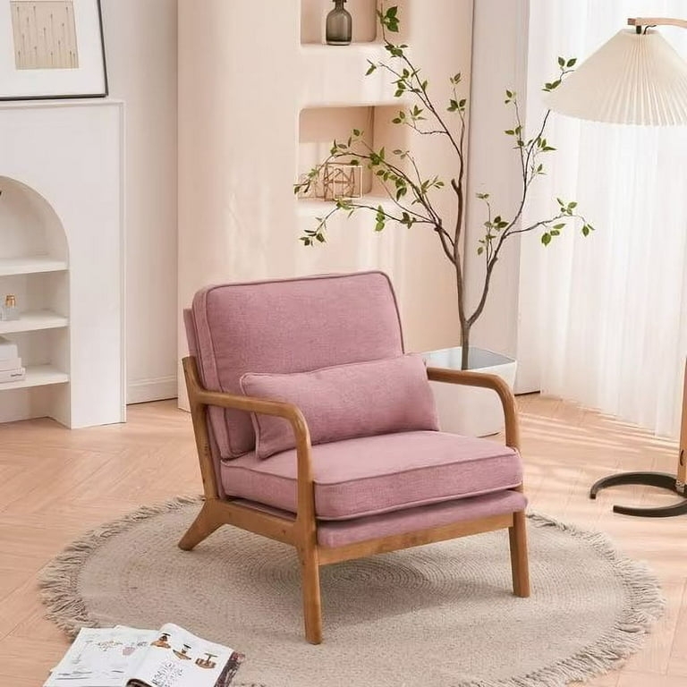 Accent Chair Pink Upholstered Open Wood Frame Mid-Century Retro