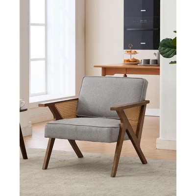 Accent Chair Rattan Cane Arms Cream Linen-Like Wood Frame Coastal