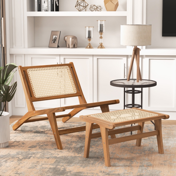 Accent Chair Rattan Side Panels Gray Cushions Wood Frame Lounge