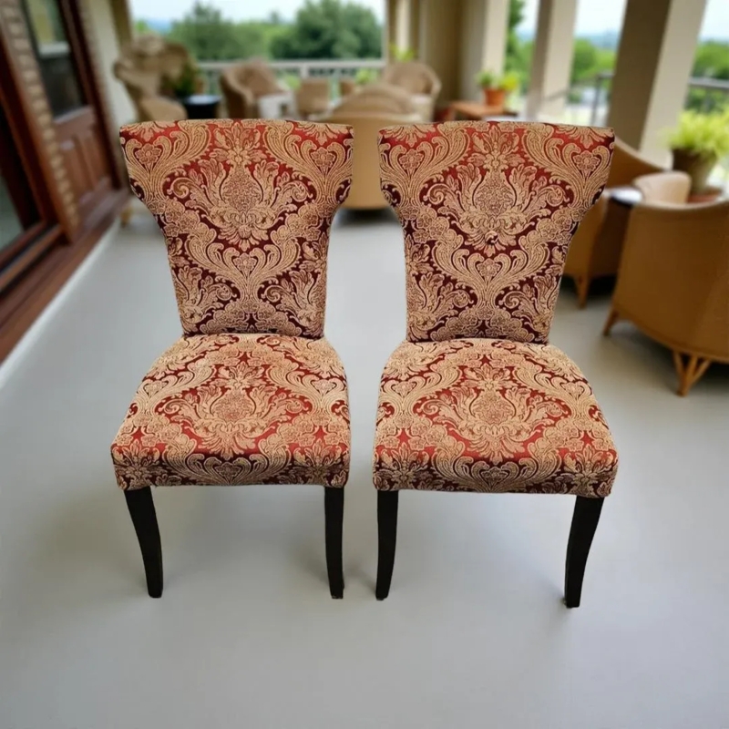 Accent Chair Red and Gold Damask Armless with Carved Stretcher Base