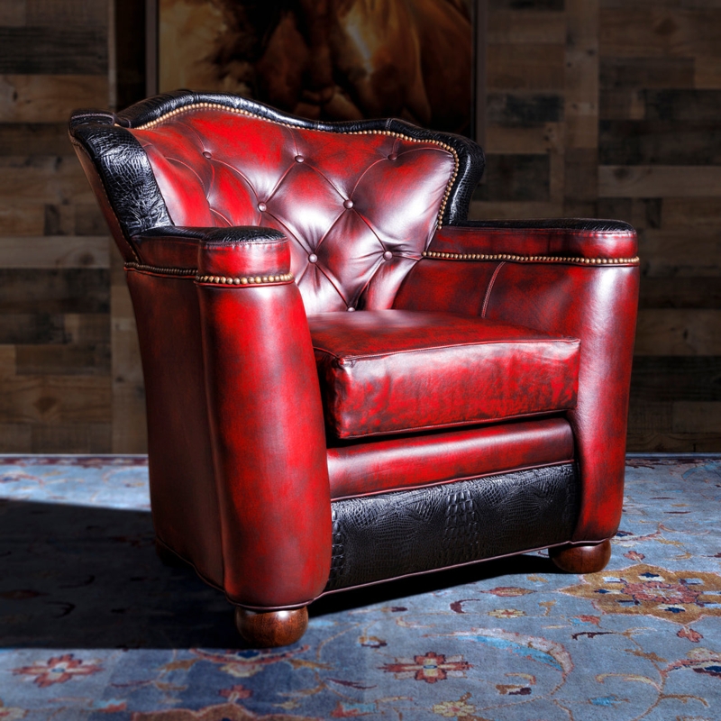 Accent Chair Reptile Embossed Panels Antique Leather Western Style