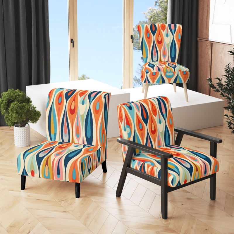Accent Chair Retro Abstract Drops Pattern Yellow Grey Curved Back