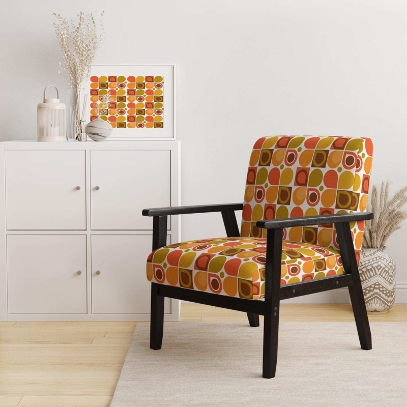Accent Chair Retro Geometric Pattern Wood Frame Orange Navy