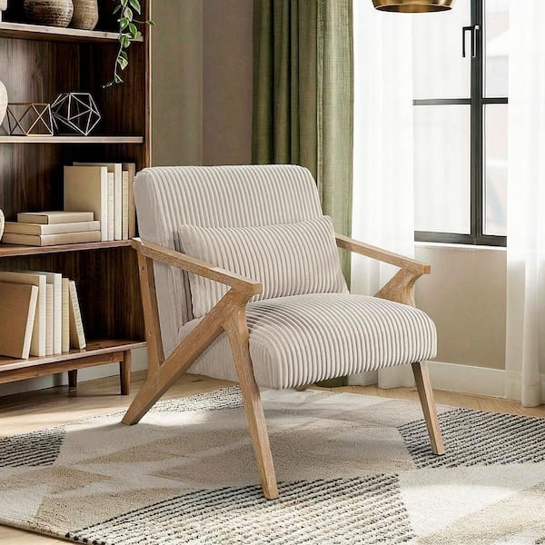 Accent Chair, Ribbed Texture, Beige Upholstery, Exposed Wood Frame