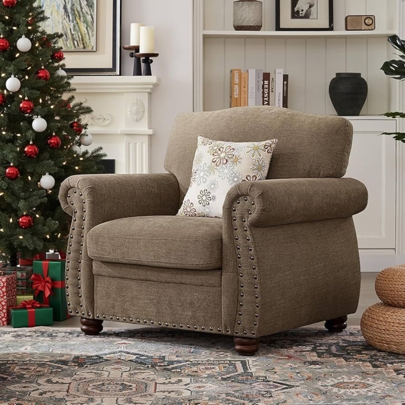 Accent Chair Rolled Arms Brown Fabric Farmhouse Style Reading