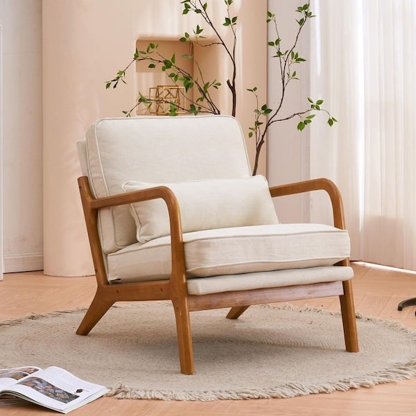 Accent Chair Rolled Arms Button Tufted Linen Like Off White