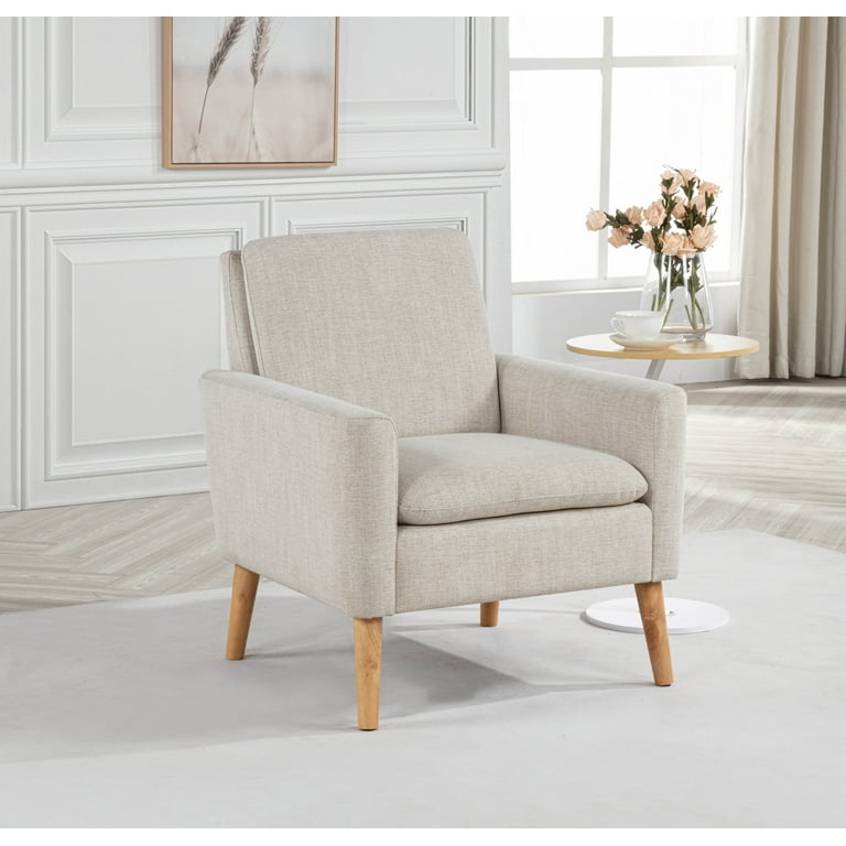 Accent Chair Rolled Arms Piped Edges Linen Look Classic Ivory Armchair