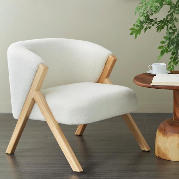 Accent Chair Rounded Silhouette Boucle Texture, White Boucle Accent Chair