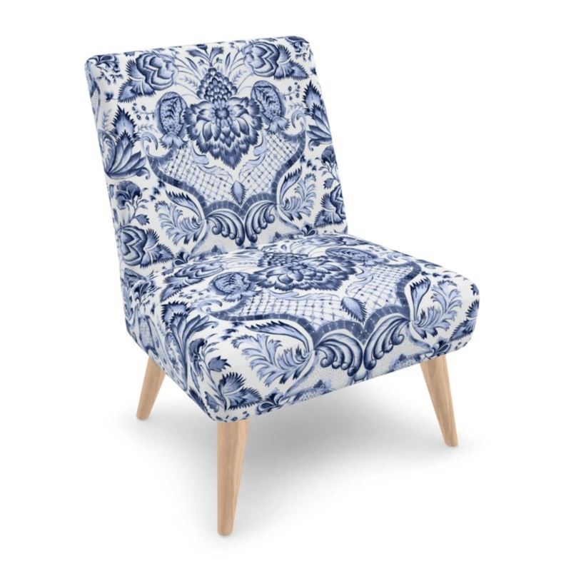 Accent Chair Royal Azure Damask with Ornate Carved Wood Frame