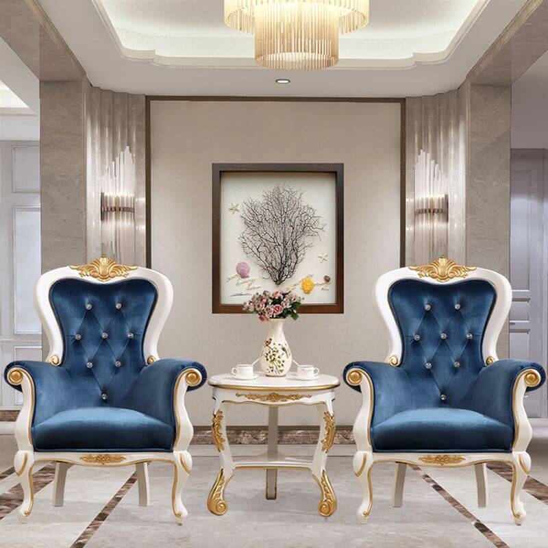 Accent Chair Royal Blue Velvet Carved Gold Frame Tufted Rococo Glam