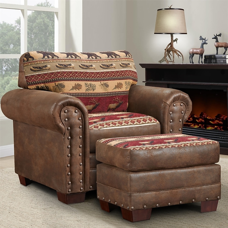 Accent Chair Rustic Lodge Scenic Wildlife Tapestry Mixed Upholstery