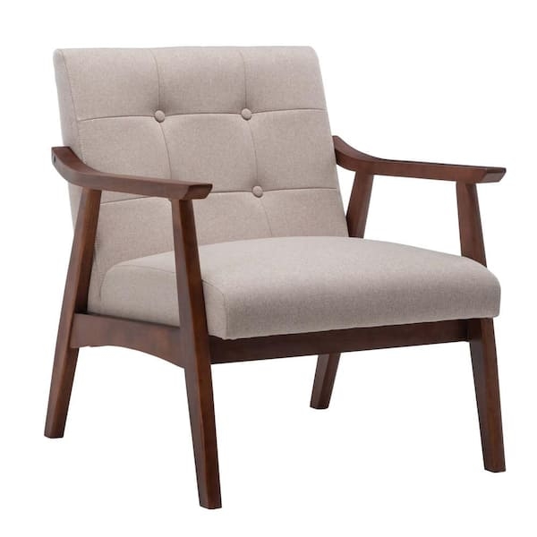 Accent Chair Sandy Beige Upholstery Open Arms Wood Frame Seating