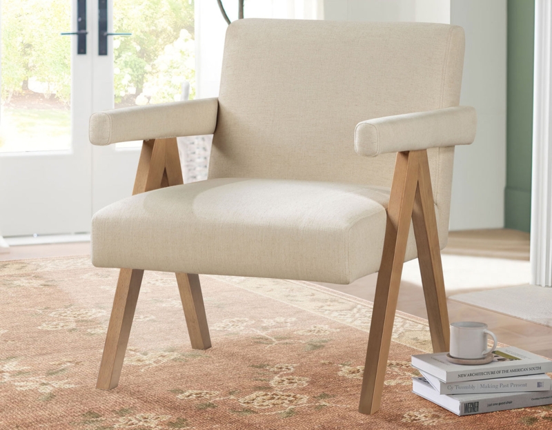 Accent Chair Scandinavian Cream Upholstery Light Chestnut Wood Frame