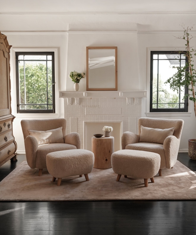 Accent Chair Sculptural Wingback in Oatmeal Sherpa with Wood Legs