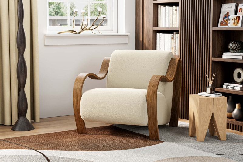 Accent Chair Sculptural Wood Frame Open Back Boucle Mid-Century