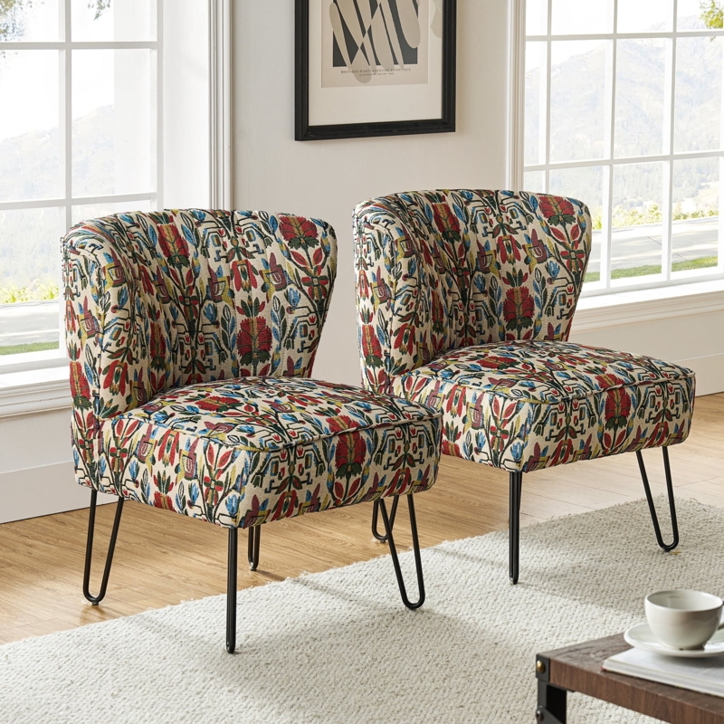 Accent Chair Set Boho Floral Upholstery Gold Metal Legs Armless