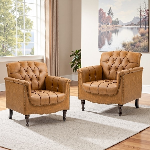 Accent Chair Set Cognac Faux Leather Mid-Century for Fireplace Seating