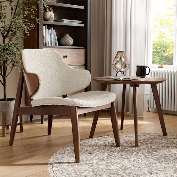 Accent Chair Set Cream Boucle Wingback Silhouette Walnut Frame Cozy