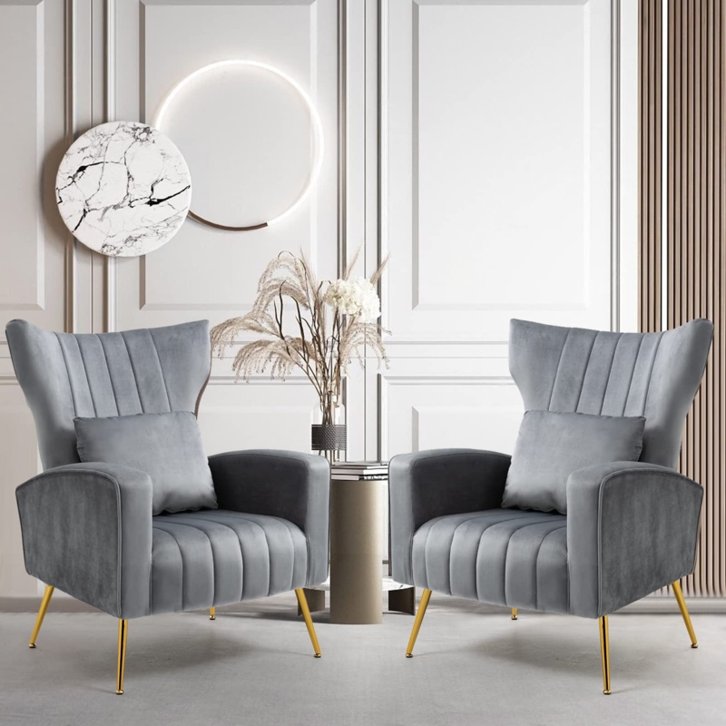 Accent Chair Set Grey Velvet High Back with Lumbar Pillow