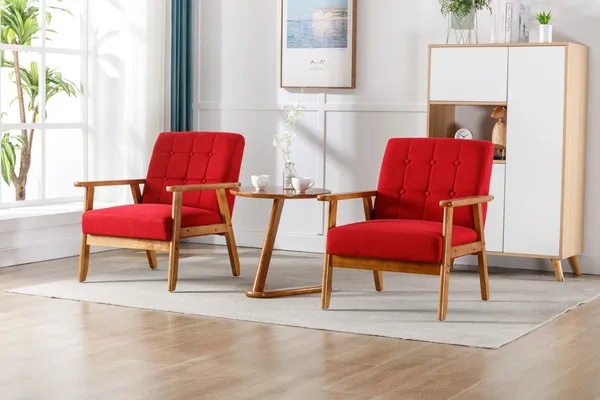 Accent Chair Set Mid-Century Modern Beige Linen-Like Curved Open Arms