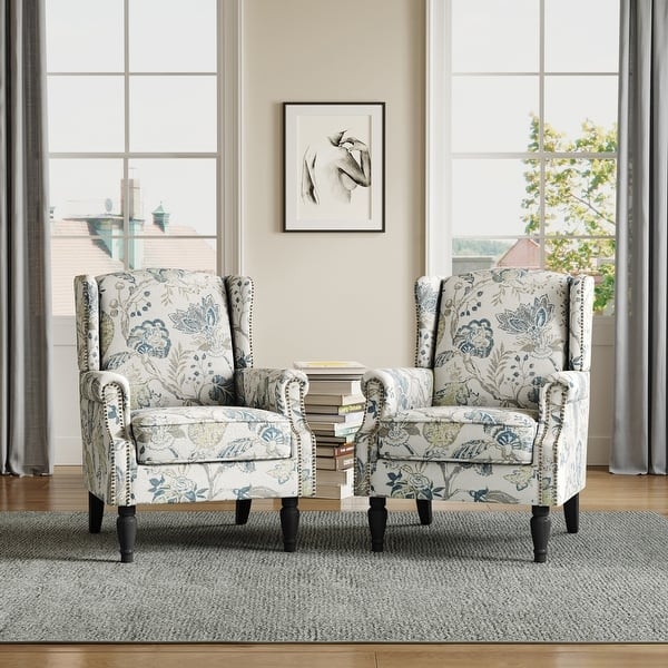 Accent Chair Set of 2 Beige Wingback Traditional Nailhead Trim