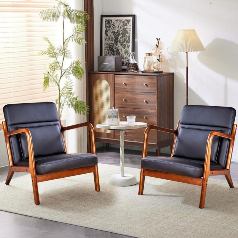 Accent Chair Set of 2 Black Upholstery Mid-Century Wood Frame