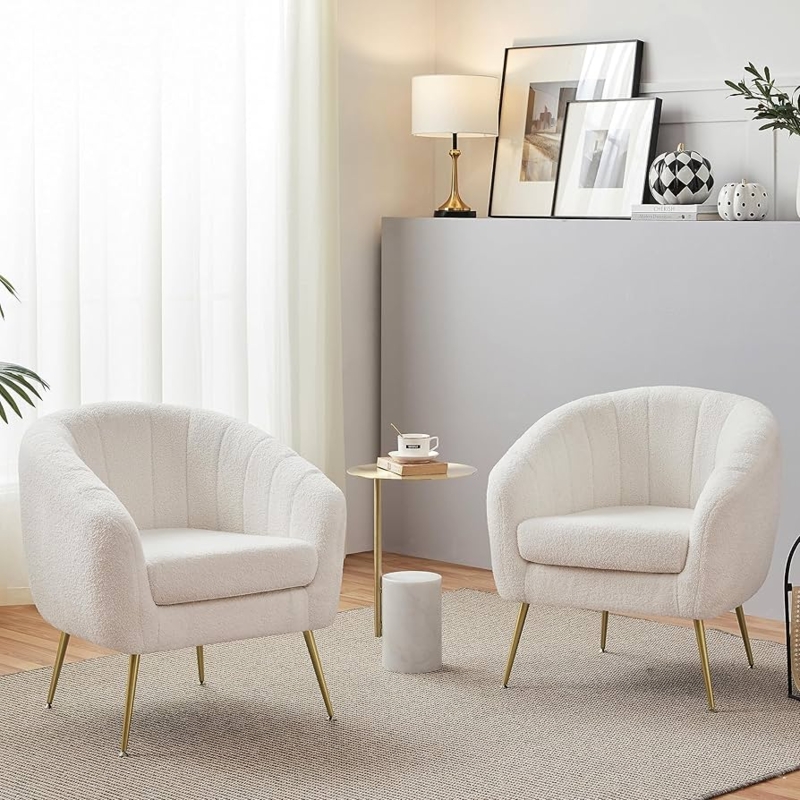 Accent Chair Set of 2 Boucle Fabric Gold Legs Barrel Back