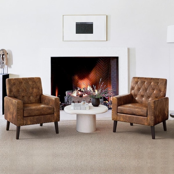 Accent Chair Set of 2 Brown Tufted Faux Leather Wood Frame