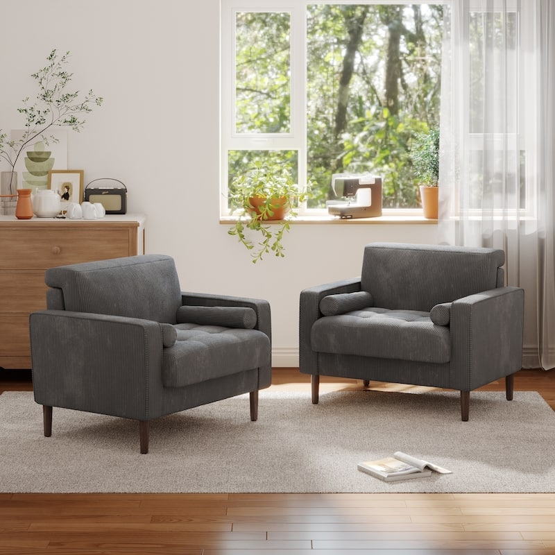 Accent Chair Set of 2 in Sage Green Corduroy Fabric with Tapered Legs
