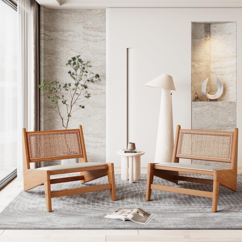 Accent Chair Set of 2, Mid Century Modern Armless Woven Rattan