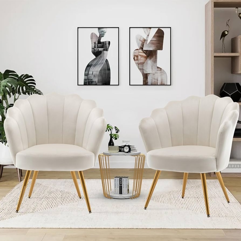 Accent Chair Set of 2 Vertical Channeling Gold Legs Velvet Seating