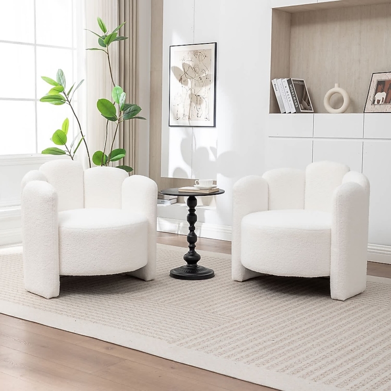 Accent Chair Set Off-White Teddy Fabric Petal Back Cozy