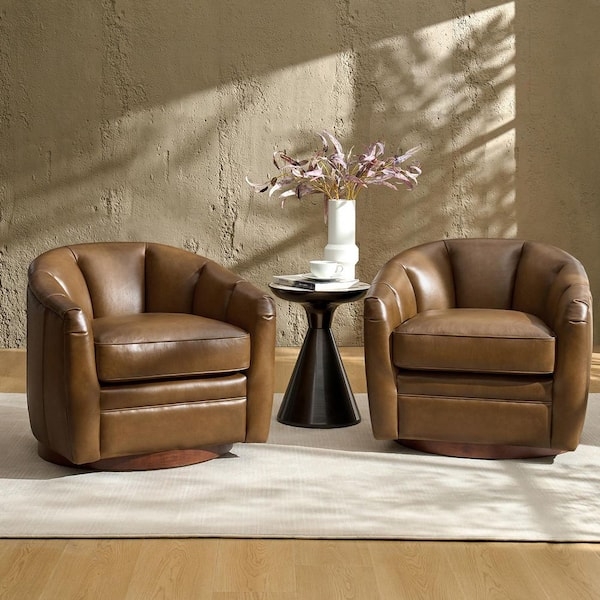 Accent Chair Set Swivel Base Barrel Back Cognac Pair